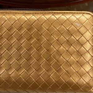 Authentic Bottega Veneta Gold Intrecciato Leather Zip Around Wallet